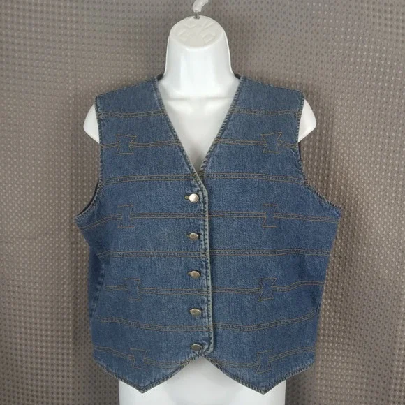 Vintage Wrangler Western Denim Vest Womens Large Blue Button Front - Picture 1 of 13